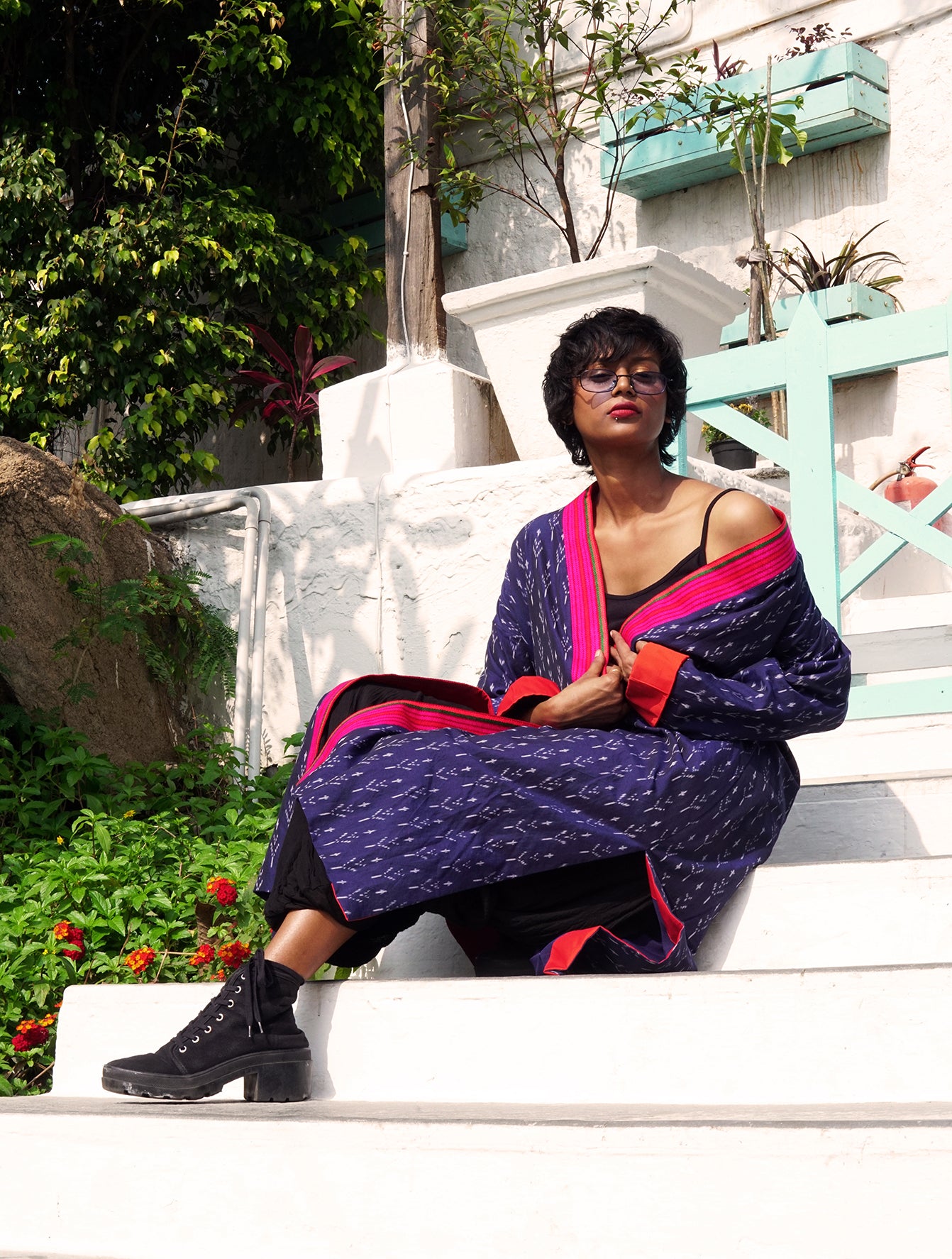 Blue silk ikat long jacket