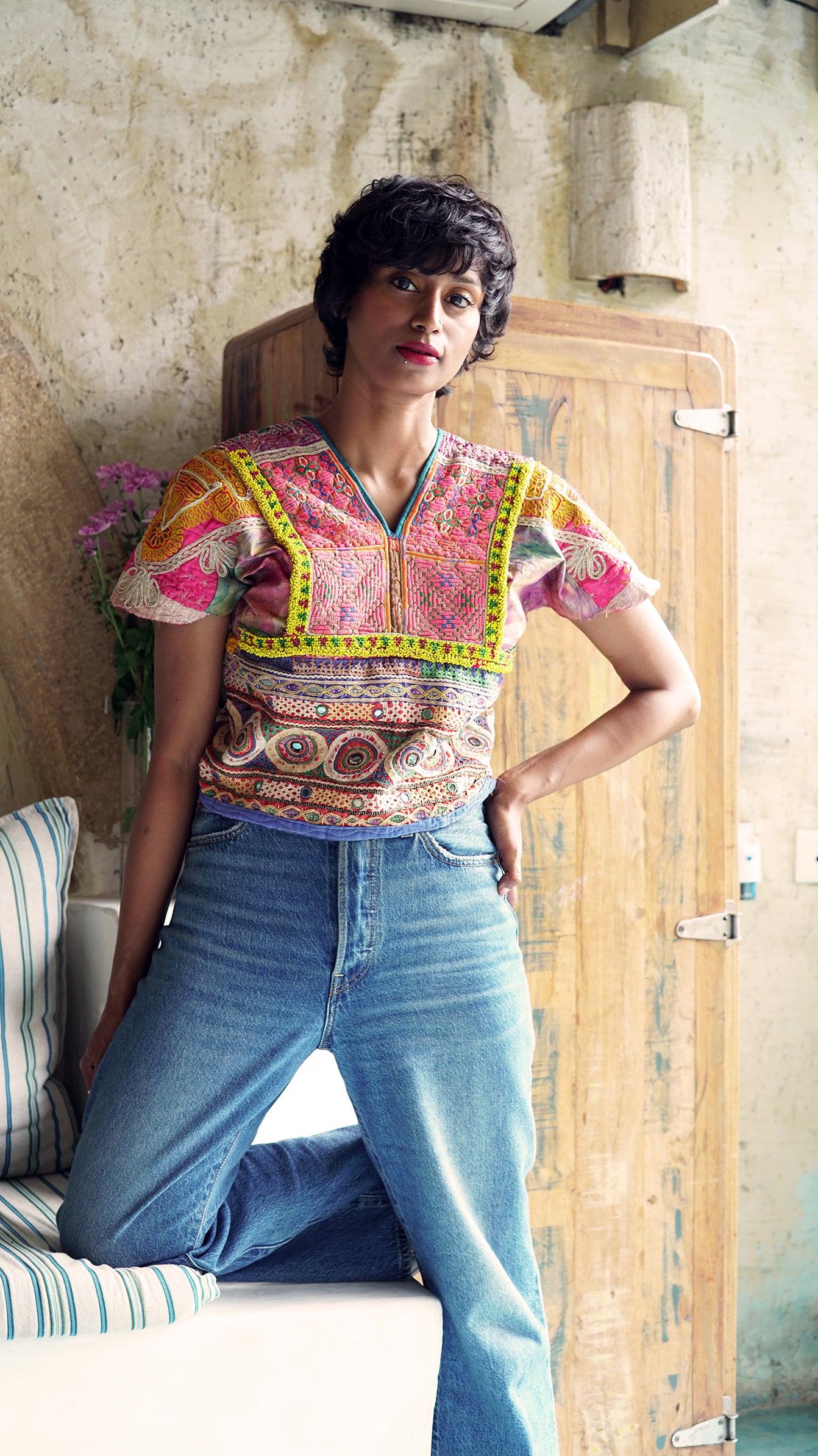 Pink vintage mirror work jacket with Afghani patch