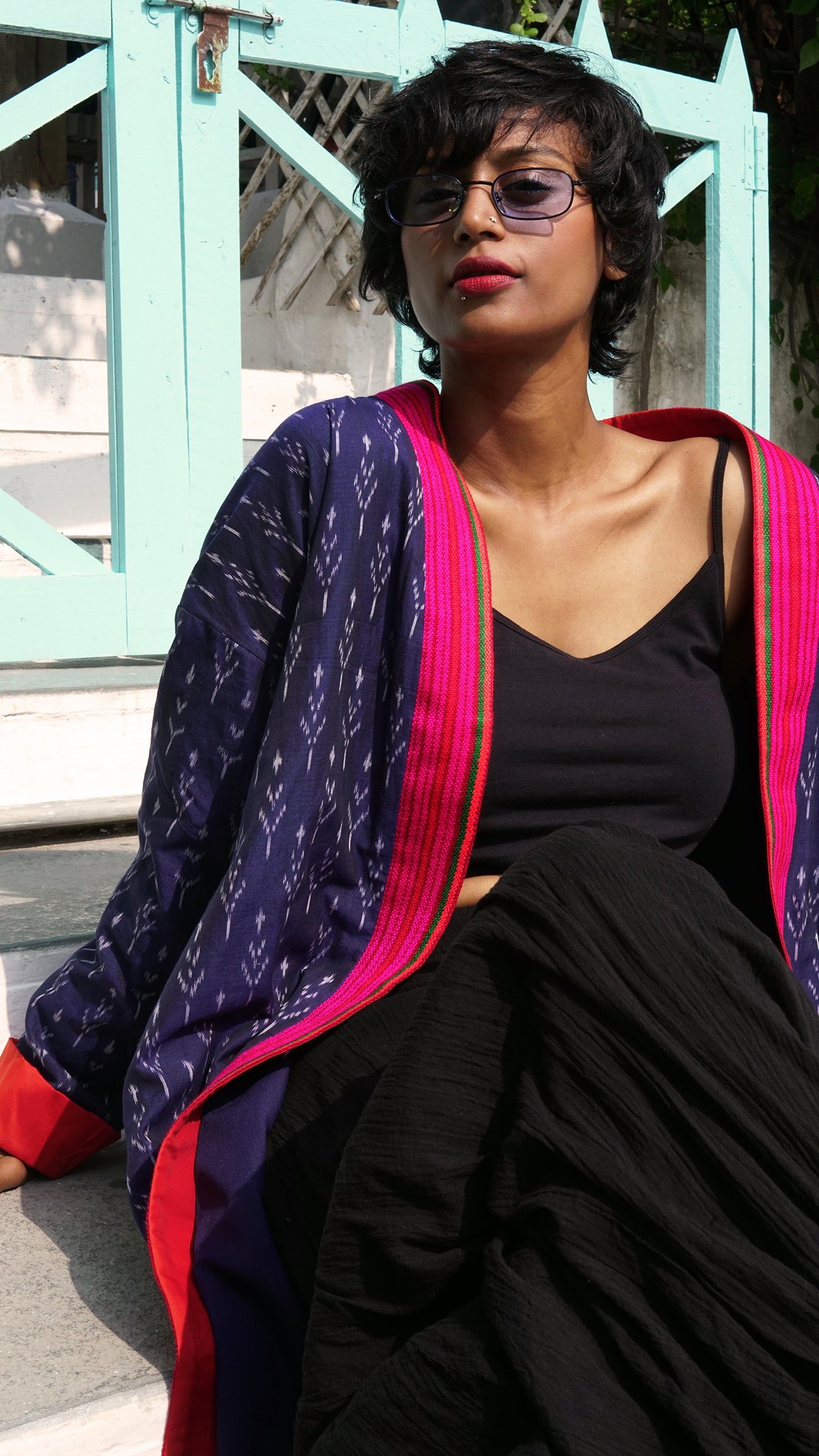 Blue silk ikat long jacket