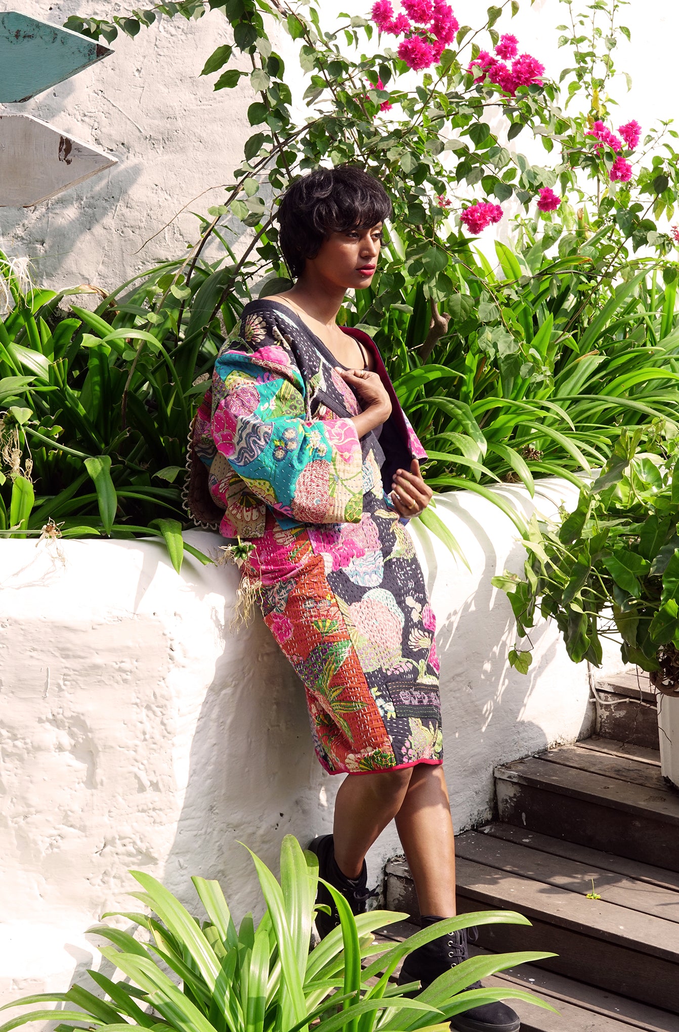 Floral print quilted short jacket