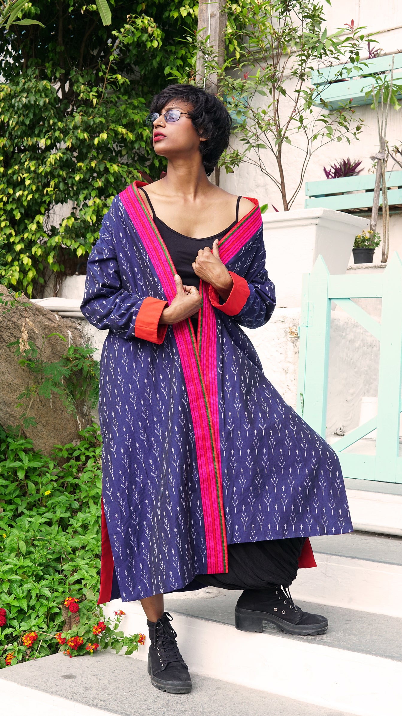 Blue silk ikat long jacket
