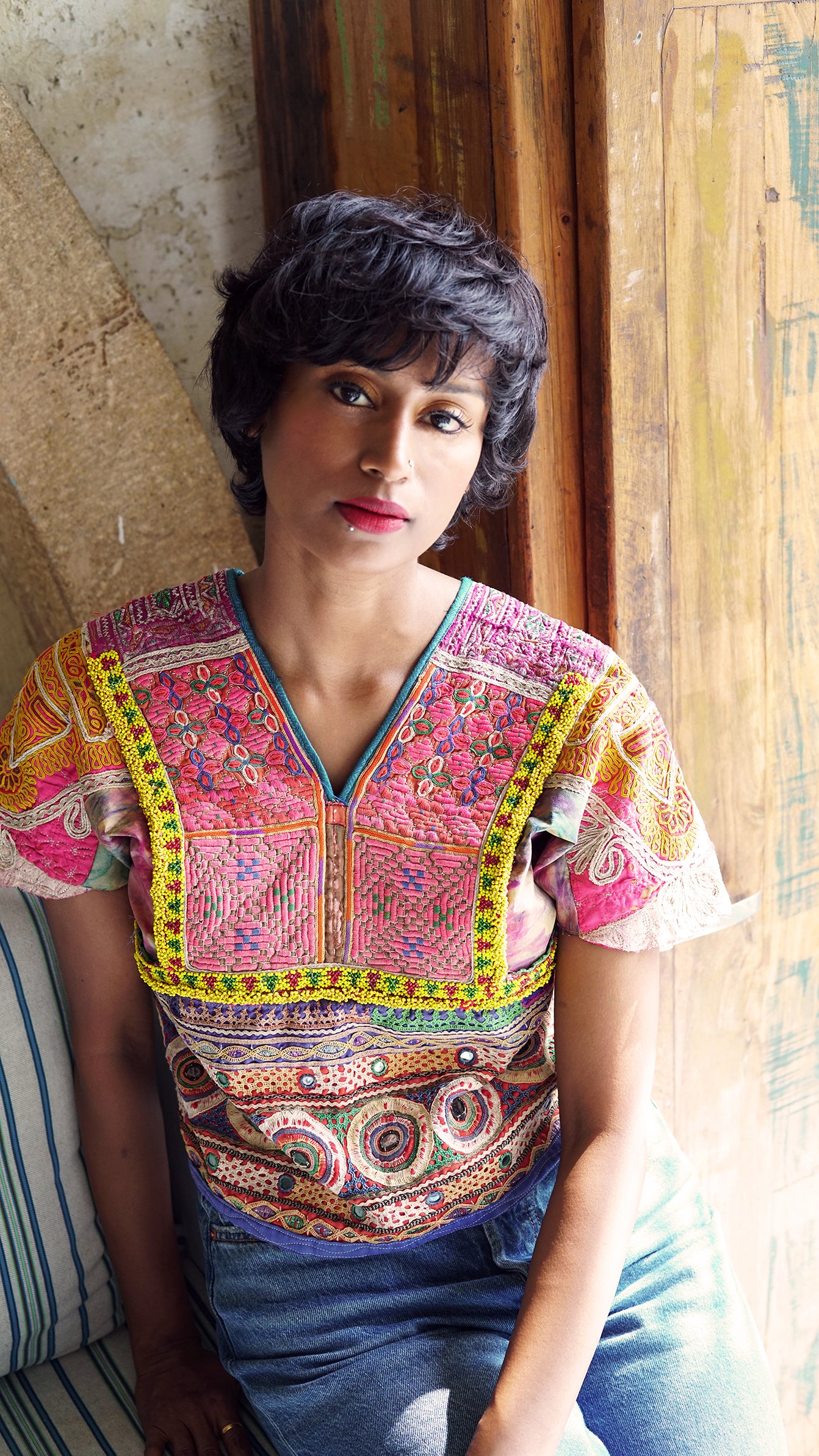 Pink vintage mirror work jacket with Afghani patch