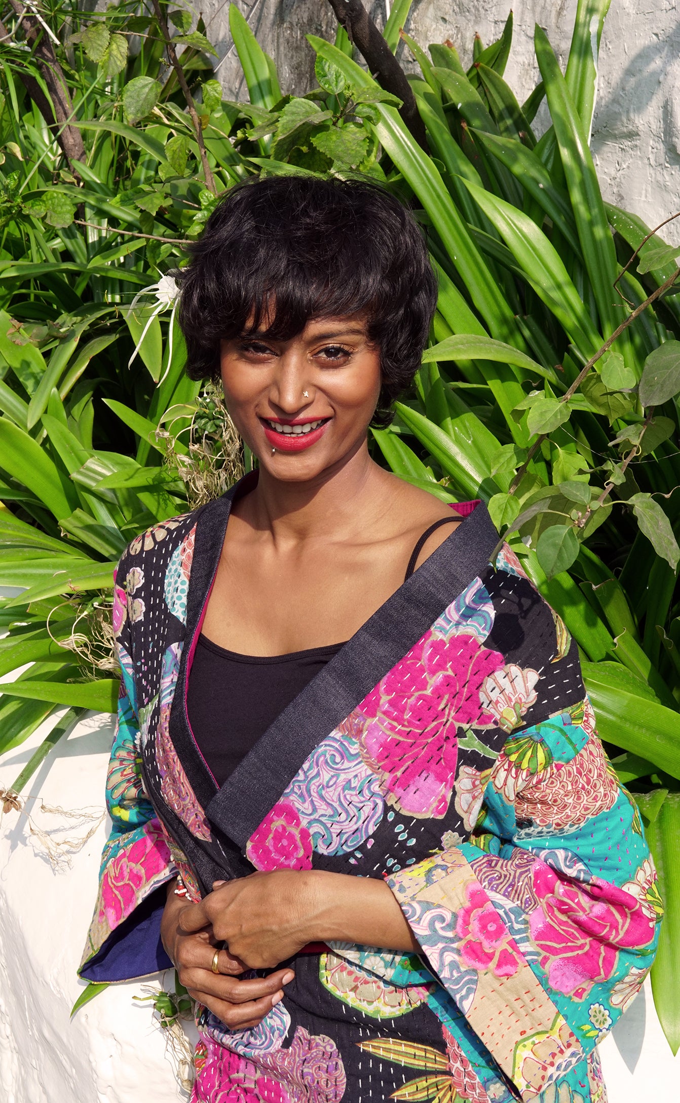 Floral print quilted short jacket
