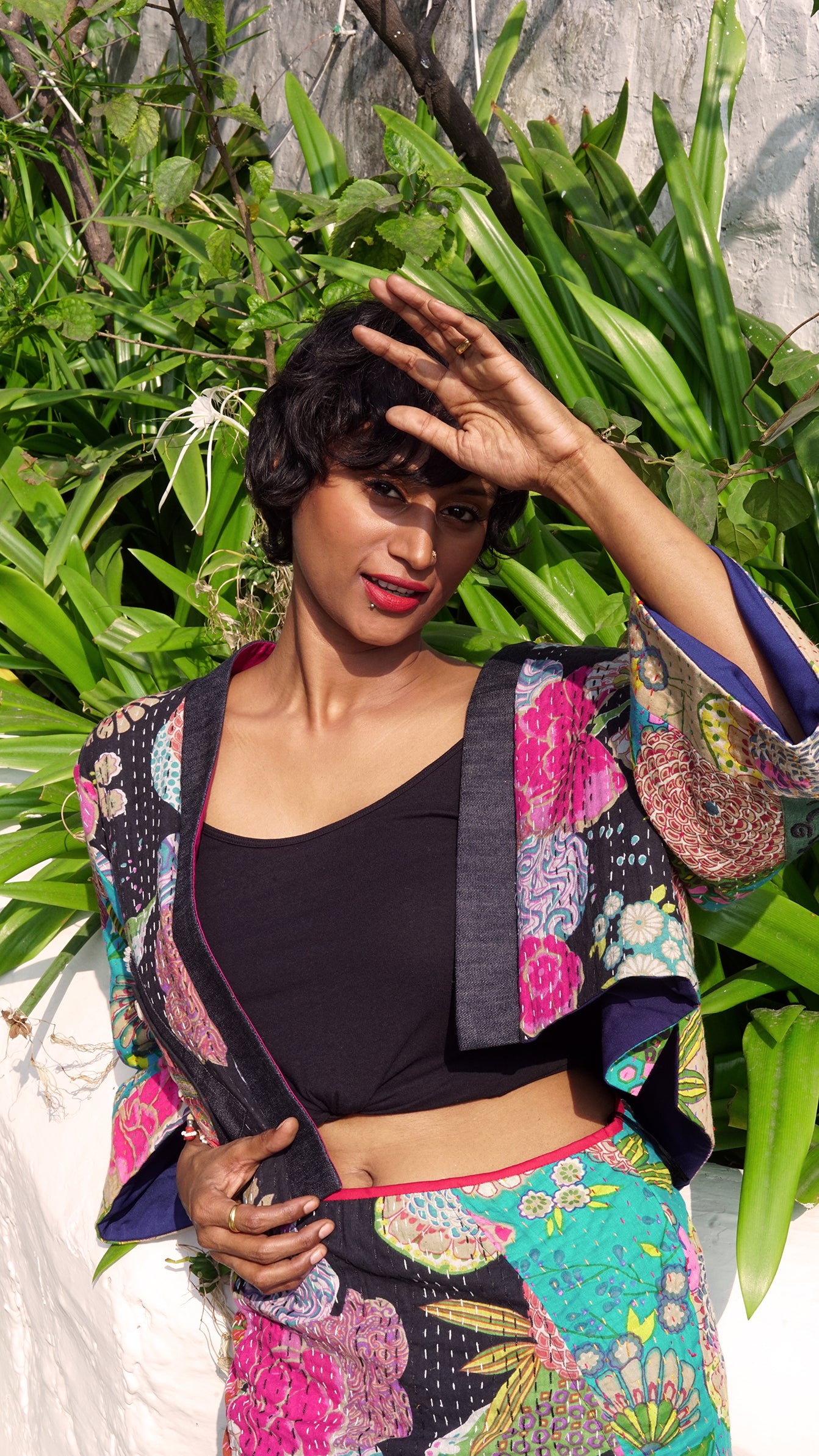 Floral print quilted short jacket