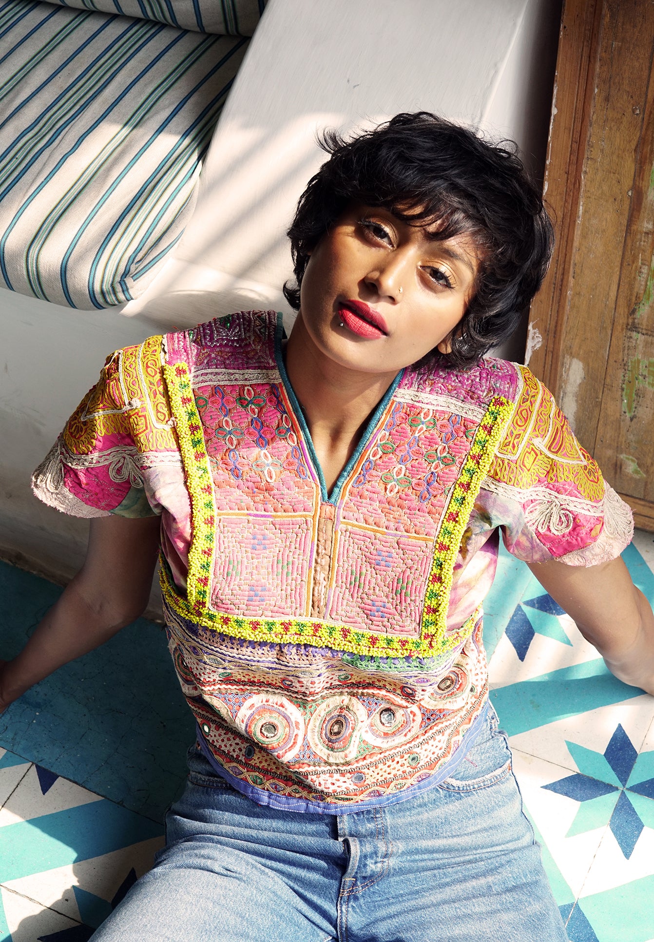 Pink vintage mirror work jacket with Afghani patch