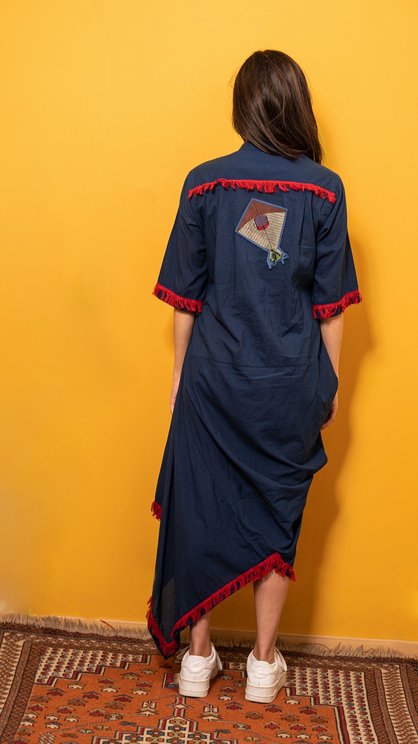 Blue voile asymmetrical cowl dress
