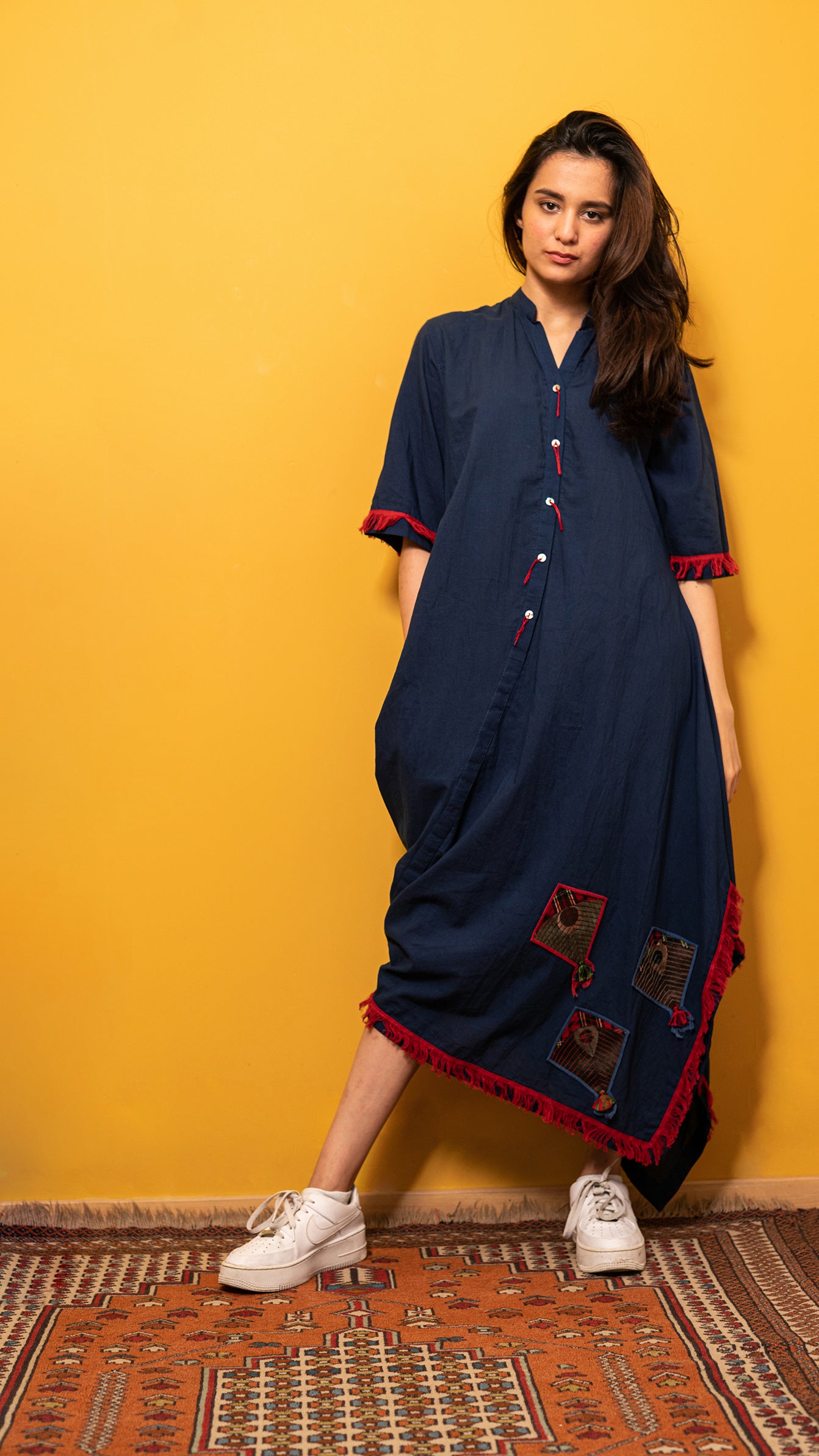 Blue voile asymmetrical cowl dress