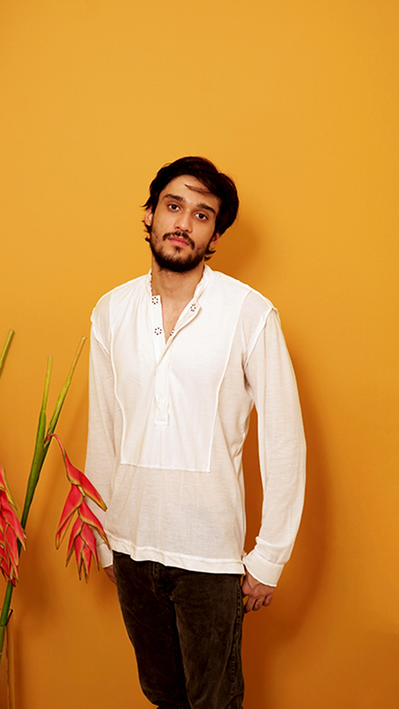 White cotton knit kurta shirt