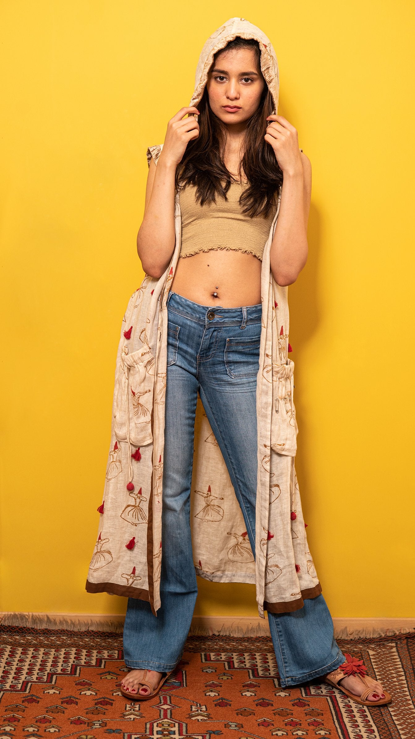 Block print linen long jacket