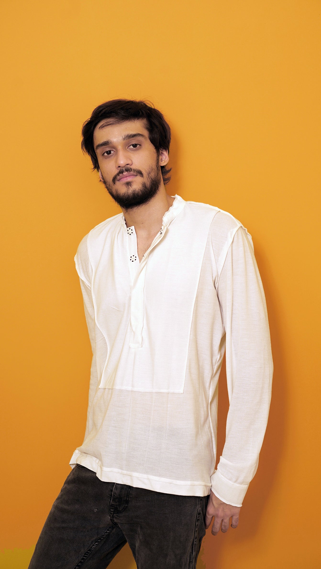 White cotton knit kurta shirt